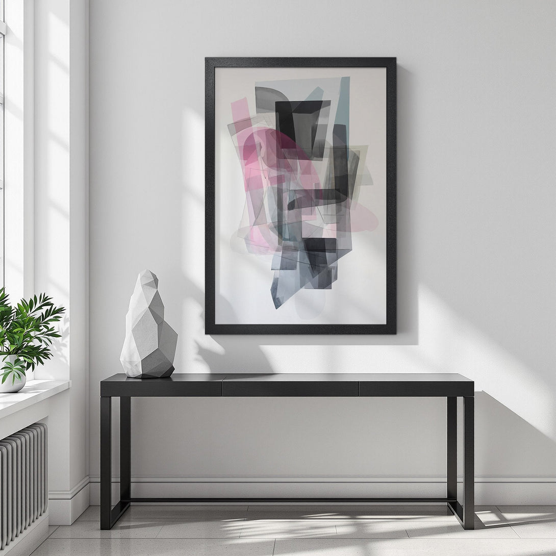 Framed Poster featuring abstract art in pink, gray, and black. Modern style, minimalist design, perfect wall decor.