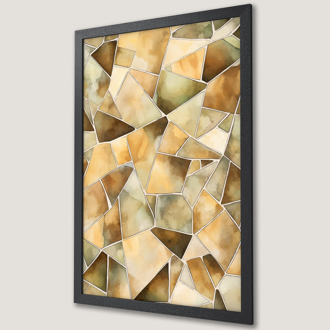 Framed Poster featuring an abstract watercolor design in earthy tones of brown, gold, and green. Perfect wall art for any space.