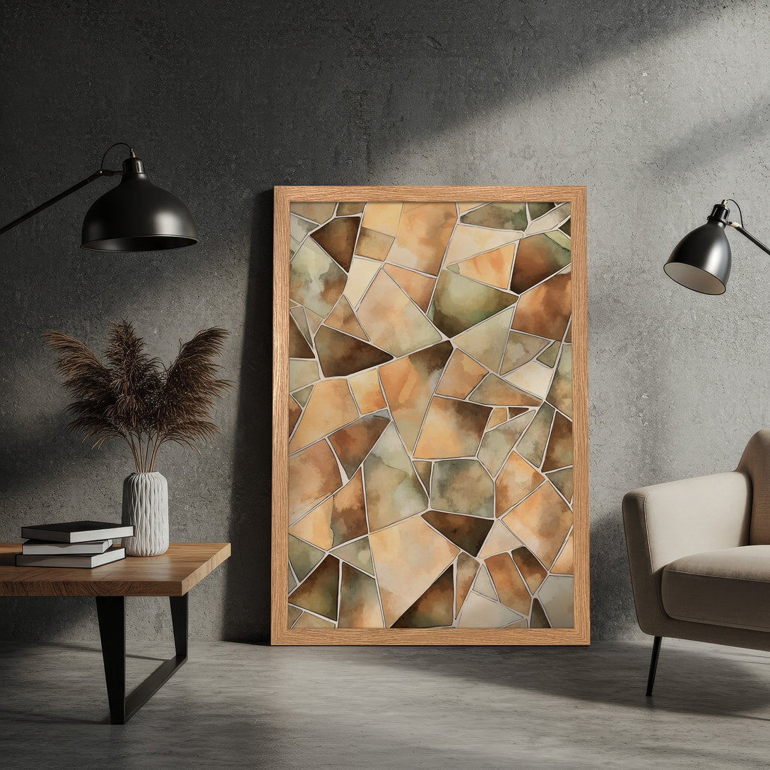 Framed Poster featuring abstract geometric art in warm earth tones. Perfect wall decor for a modern interior.