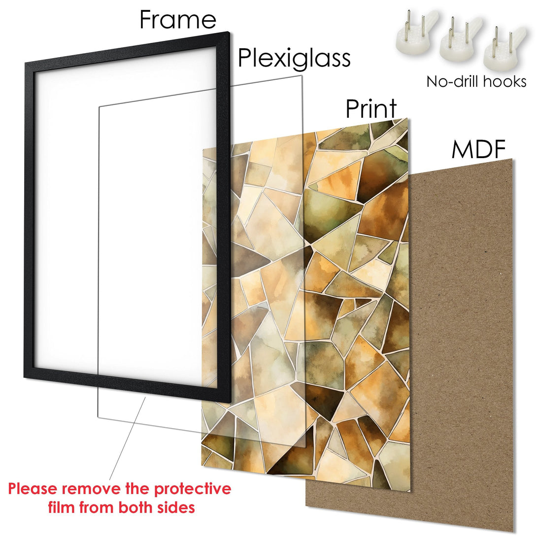 Framed Poster featuring a geometric abstract design in warm earth tones. Perfect wall art for any space!