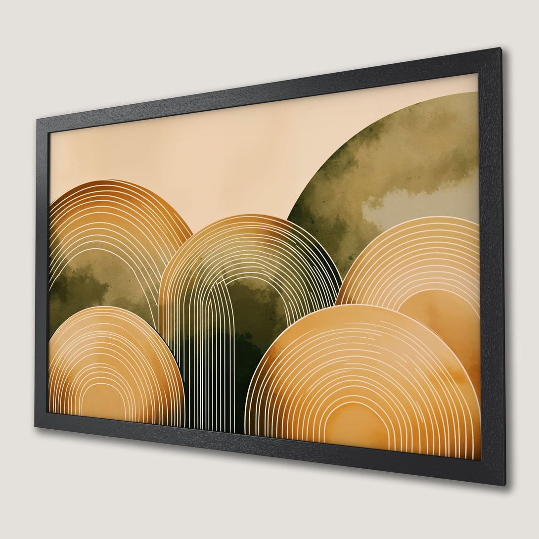 Framed Poster featuring abstract mountain design in warm earth tones. Modern art print perfect for home decor.