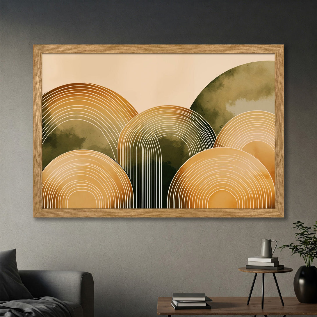 Framed Poster featuring abstract geometric art in warm earth tones. Modern style, perfect for home decor.