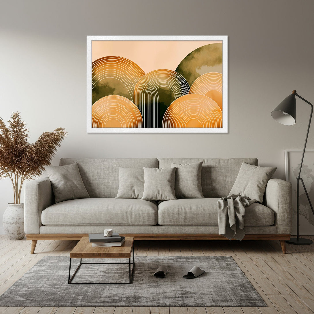 Framed Poster featuring abstract art with warm orange and green tones. Modern style artwork perfect for home decor.