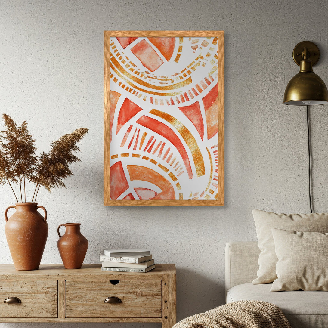 Framed Poster featuring abstract watercolor art in warm orange and gold tones, perfect for adding a touch of modern art to your home decor.