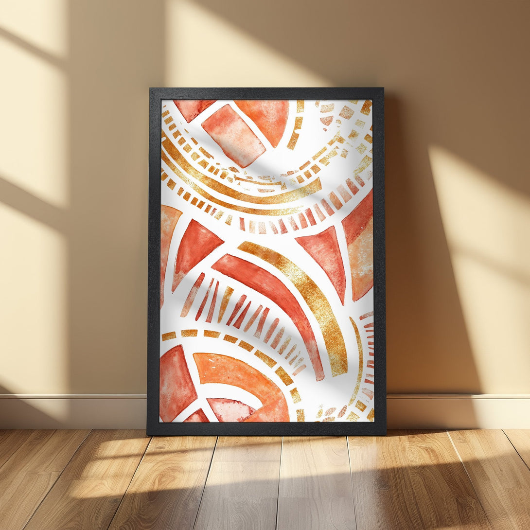 Framed Poster: Abstract art print with warm orange & gold watercolor design. Perfect wall decor for modern homes. Shop this stylish Poster today!