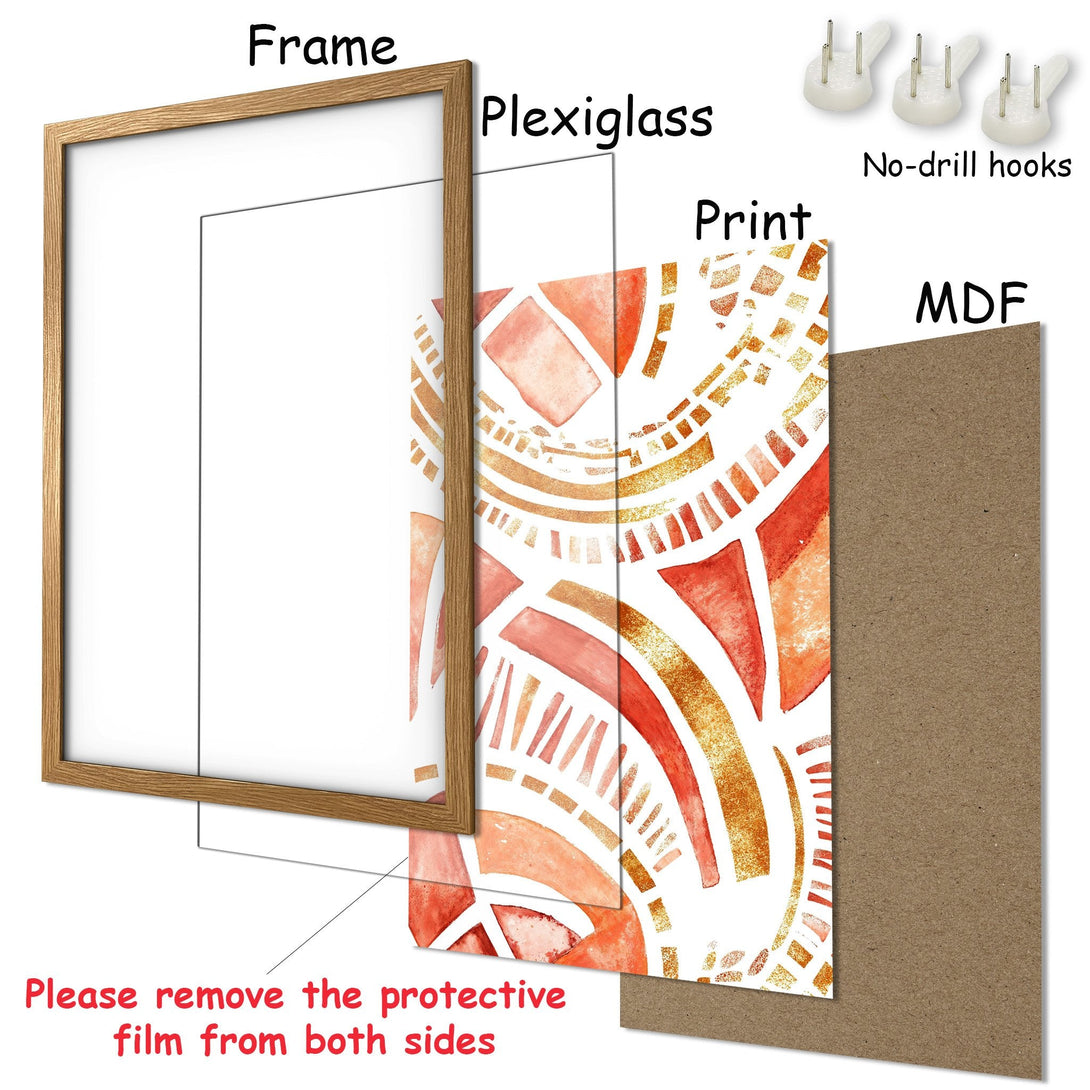 Framed Poster with abstract watercolor art. Warm orange & gold tones. Modern wall decor for your home.