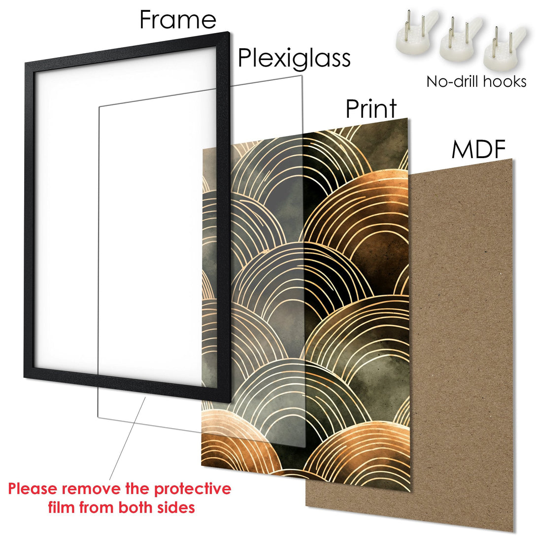 Framed Poster with abstract art in gold and green tones. Modern design for your home decor. Includes no-drill hooks.