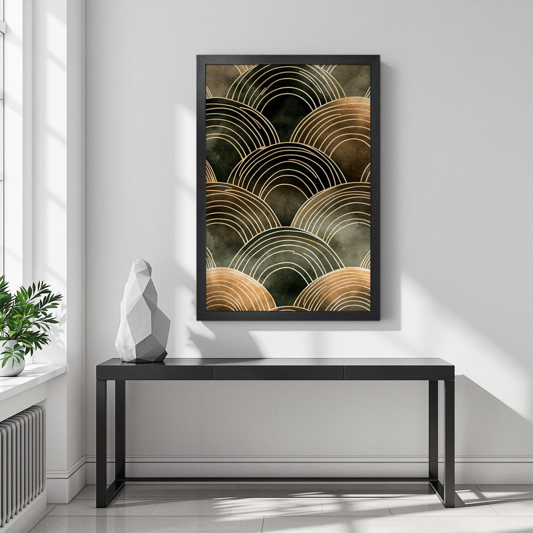 Framed Poster featuring an abstract art deco design in gold and dark green, perfect for modern home decor.