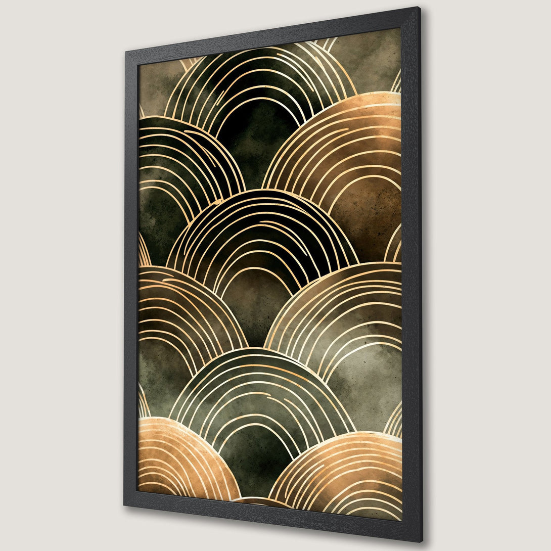 Framed Poster featuring abstract gold line art on a dark green and brown watercolor background. Modern art print for home decor.