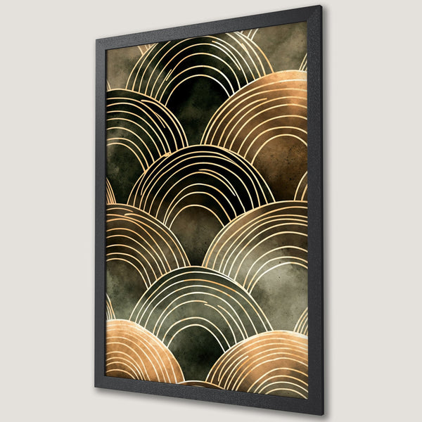 Framed Poster featuring abstract gold line art on a dark green and brown watercolor background. Modern art print for home decor.