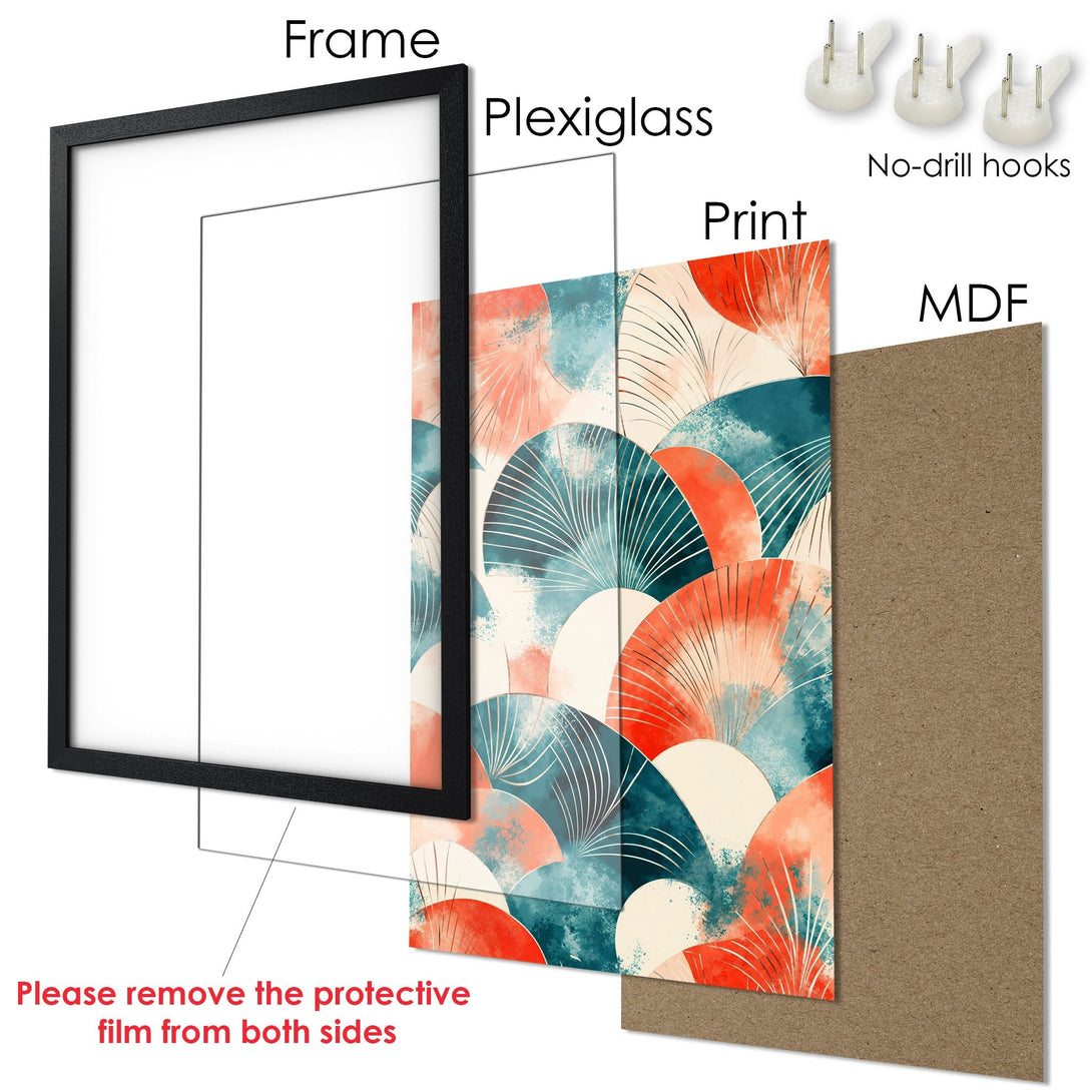 Framed Poster featuring abstract fan design in teal, orange, and cream. Modern art print for stylish home decor.