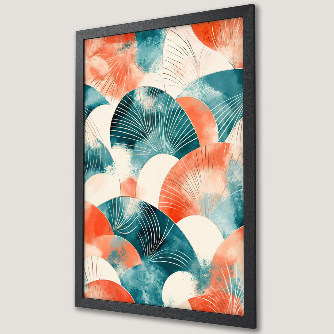 Framed Poster featuring abstract art with teal, orange, and white fan-like shapes. Modern art print for your home decor.
