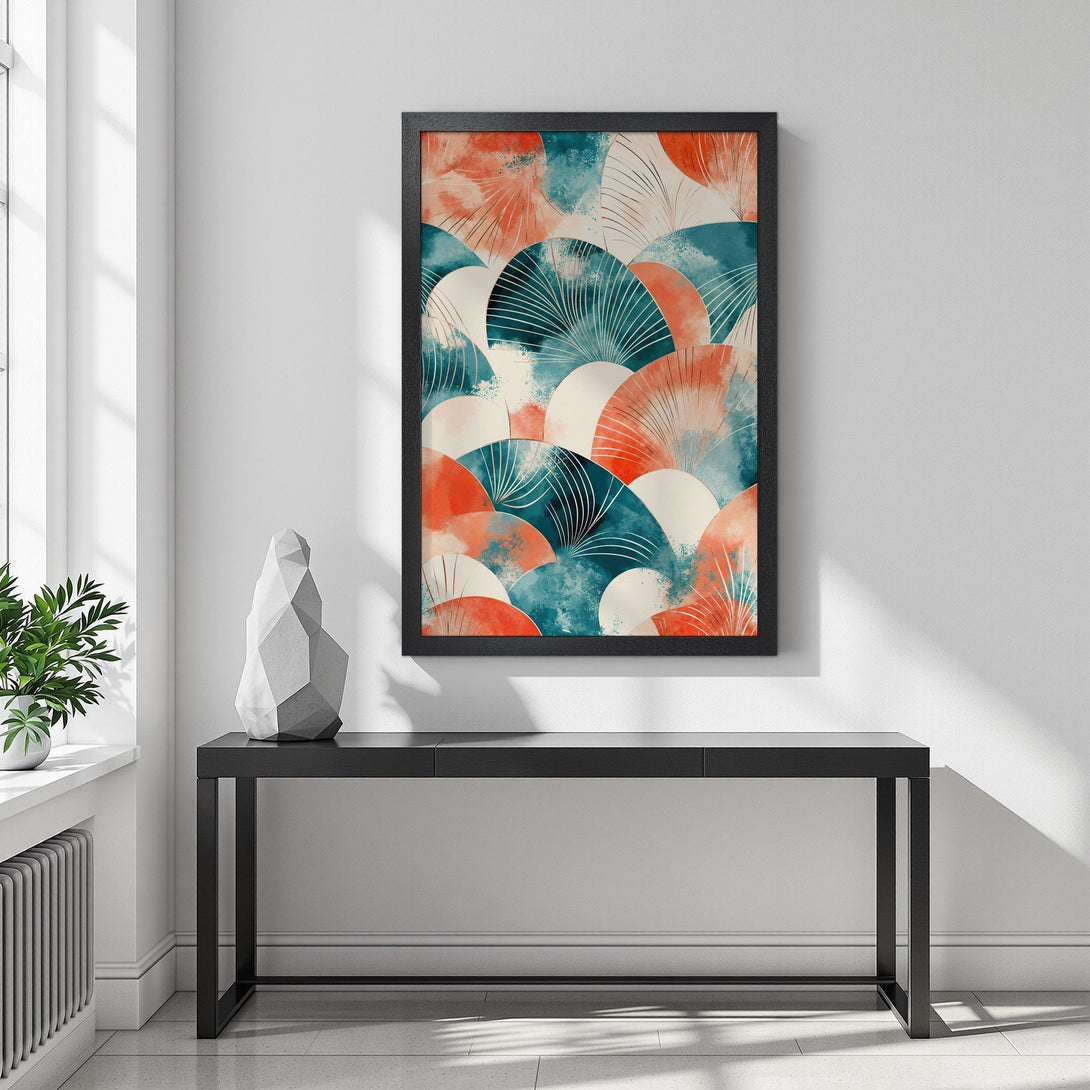 Framed Poster featuring abstract fan design in teal and coral, perfect for modern home decor.