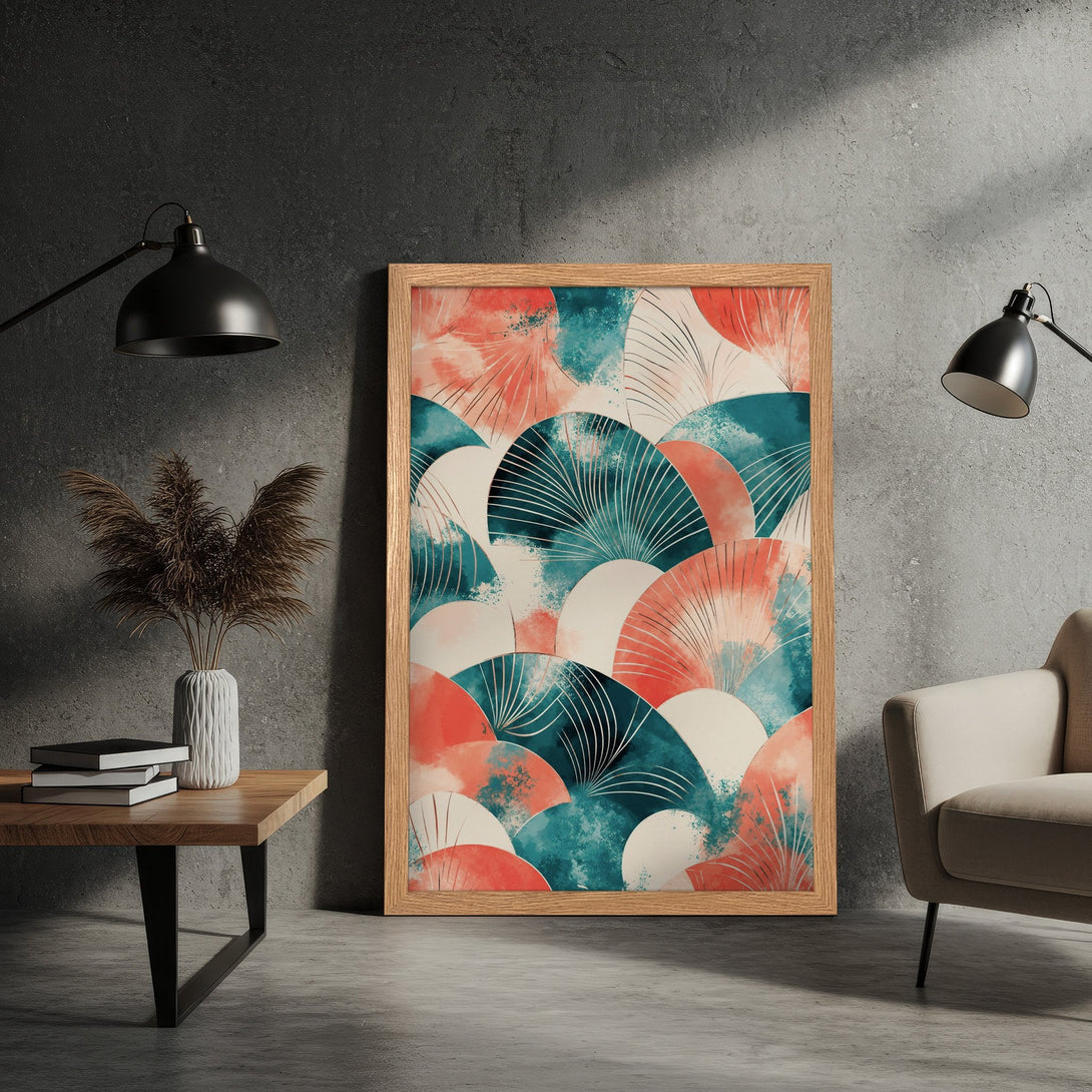 Framed Poster featuring abstract fan design in teal, coral, and cream. Modern art print for stylish home decor.