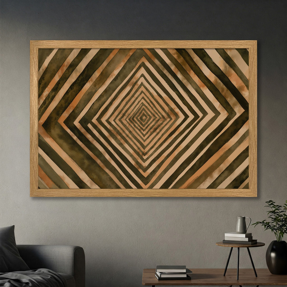 Framed Poster featuring an abstract geometric design in earthy tones of brown, green, and beige. Modern art for home decor.