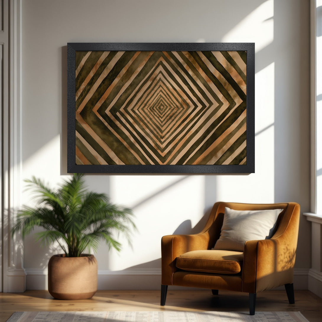 Framed Poster with geometric abstract design in earthy tones. Modern art print for home decor.