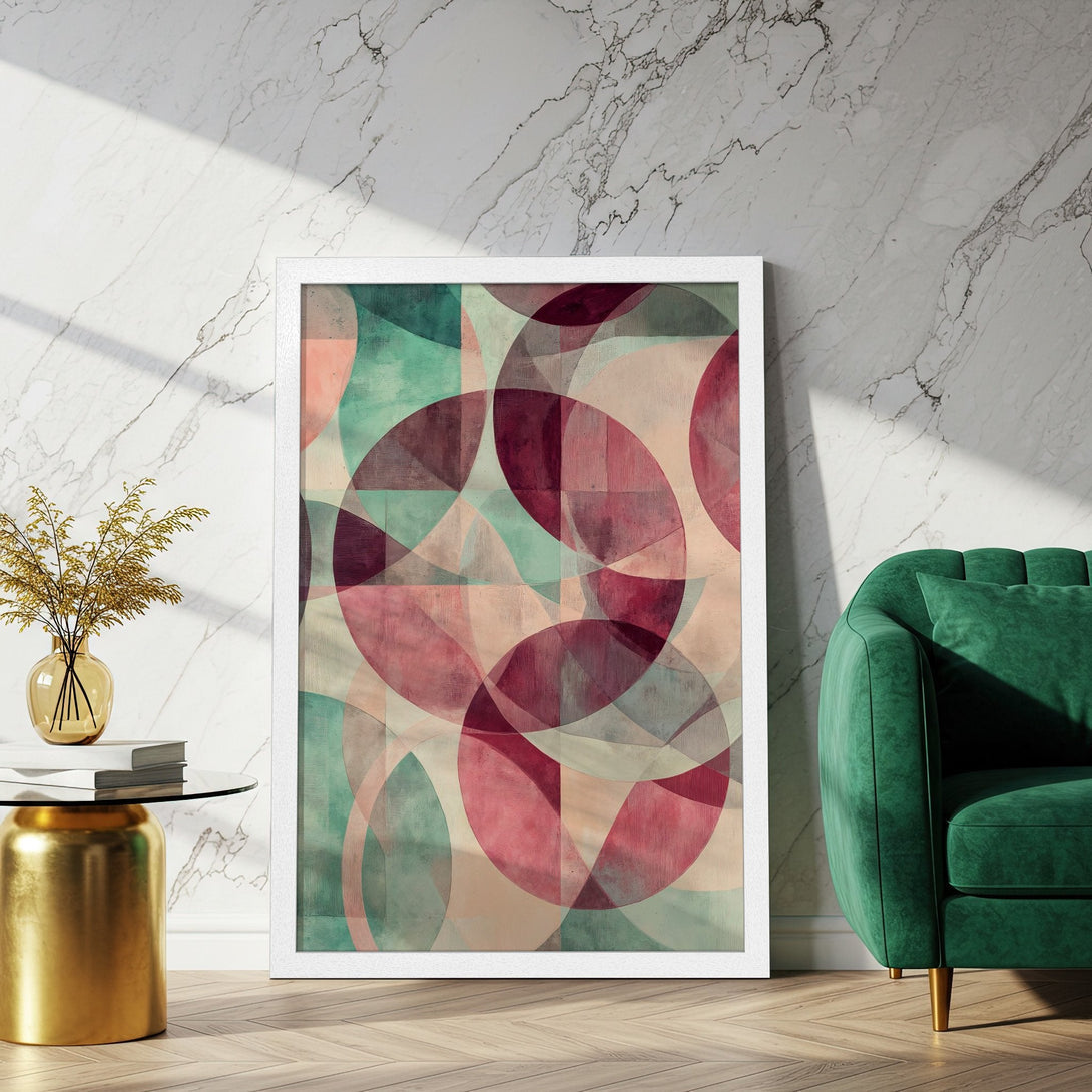 Framed Poster featuring abstract geometric art in teal, burgundy, and blush tones. Modern wall art for home decor.