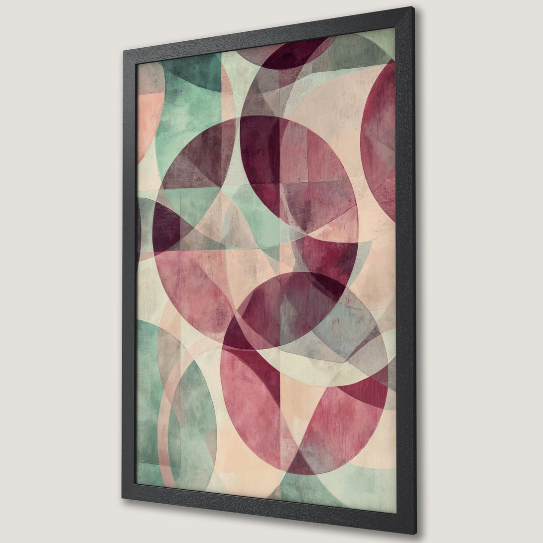 Framed Poster art with abstract geometric design, featuring overlapping circles in a muted color palette of burgundy, teal, and beige.