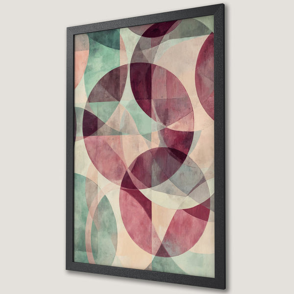 Framed Poster art with abstract geometric design, featuring overlapping circles in a muted color palette of burgundy, teal, and beige.