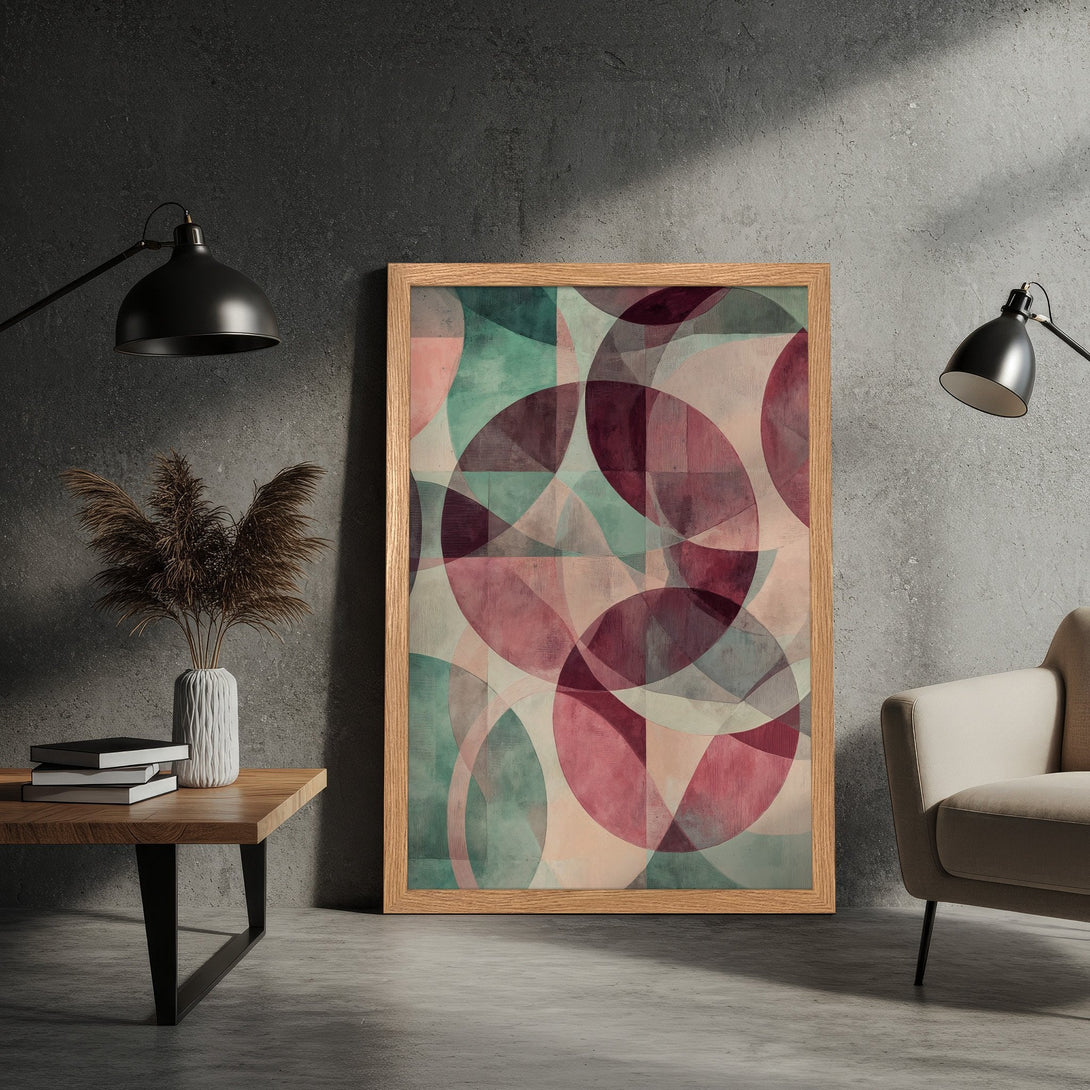 Framed Poster featuring abstract geometric art in a pink, teal, and neutral color palette. Modern wall decor for your home.