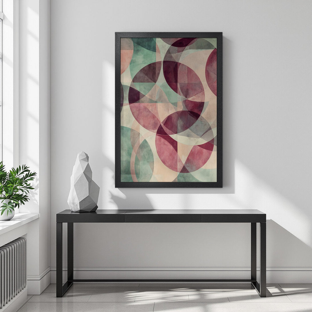 Framed Poster featuring abstract geometric art in a muted color palette of pinks, greens, and beige. Perfect for modern decor.