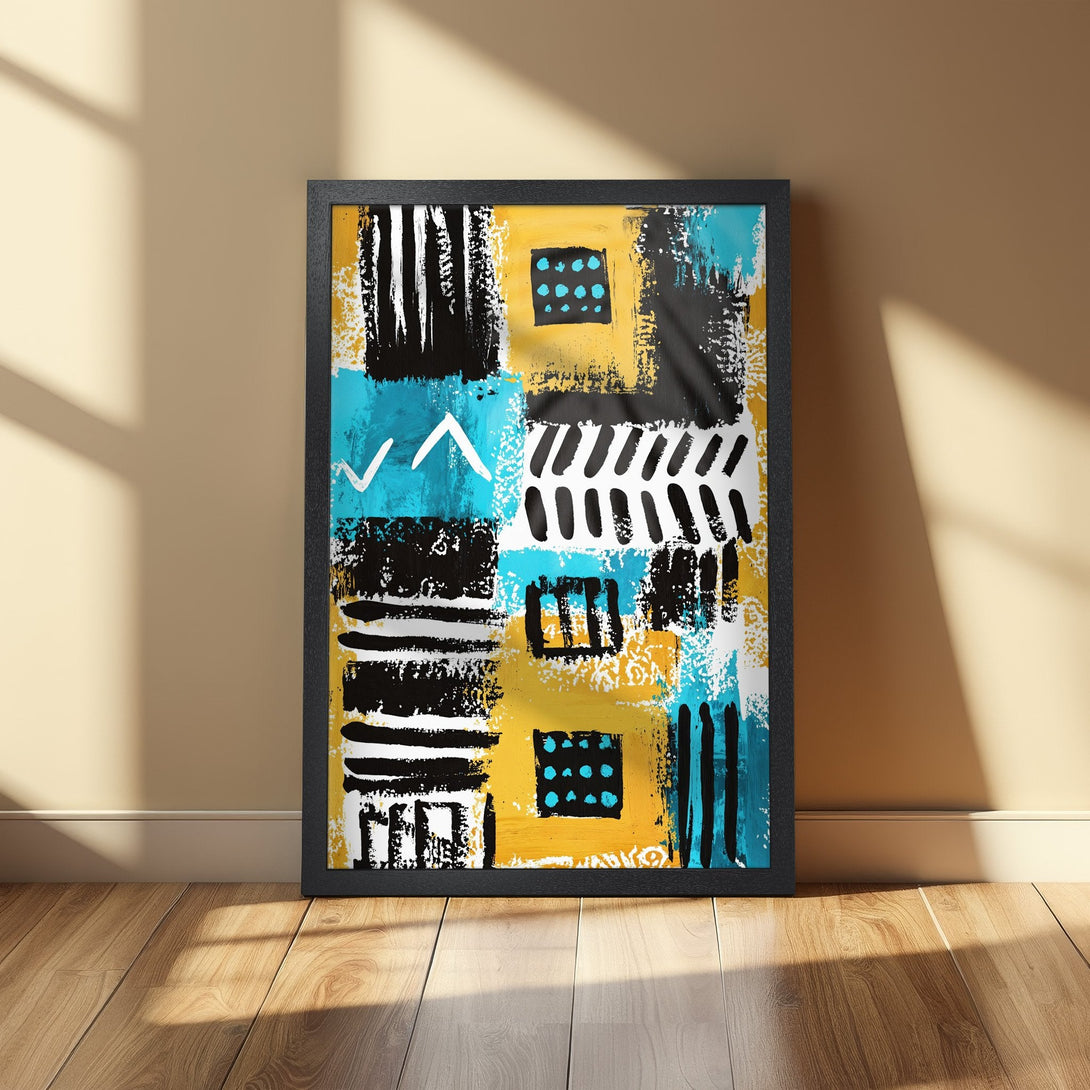 Framed Poster featuring abstract art in black, yellow, and teal. Modern style, perfect for home decor. Shop this unique Poster today!