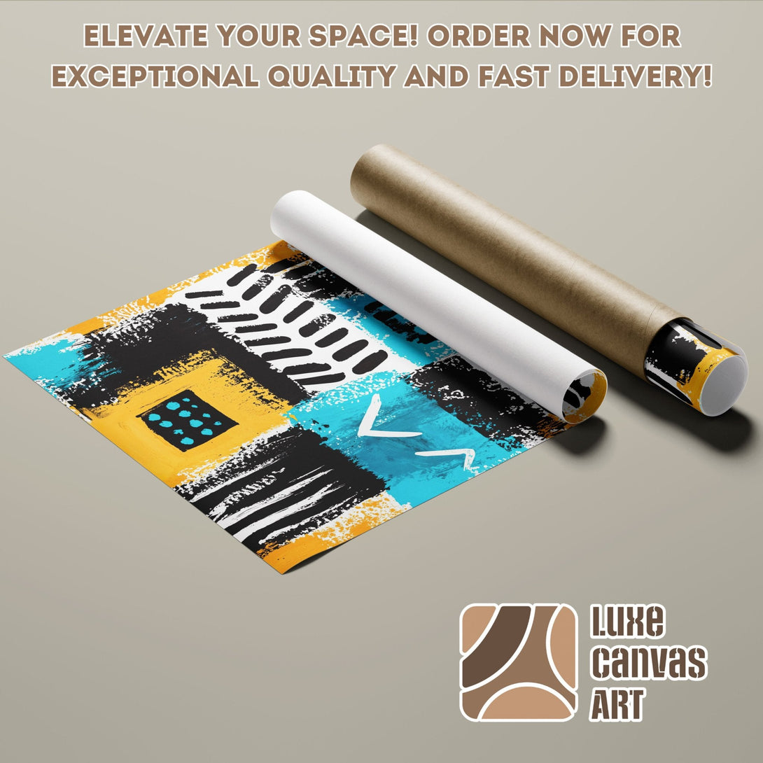 Abstract art Poster Roll in vibrant blue, yellow, black, and white. Elevate your space with Luxe Canvas Art!