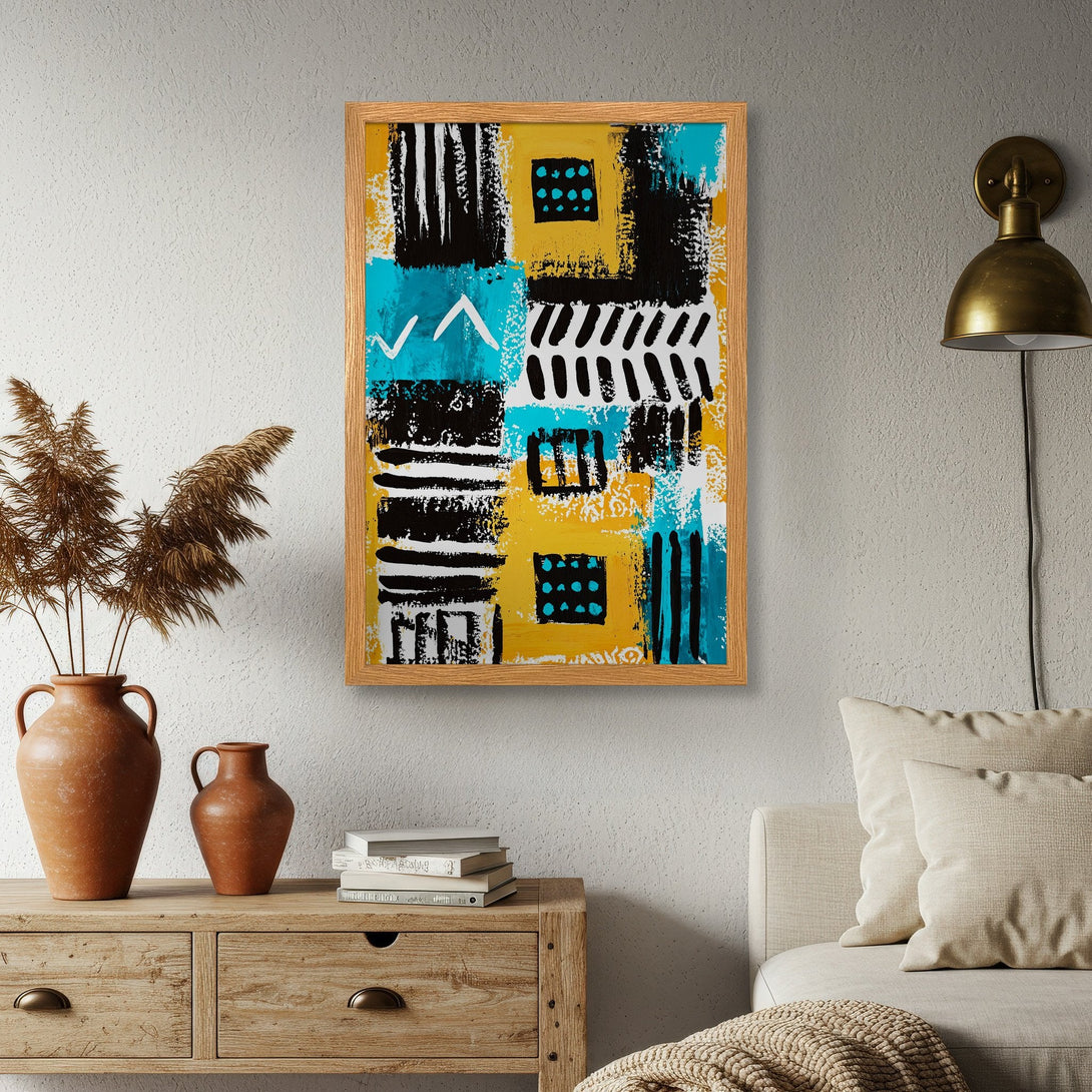 Framed Poster featuring abstract art in a vibrant yellow, blue, and black color palette. Modern style perfect for home decor.