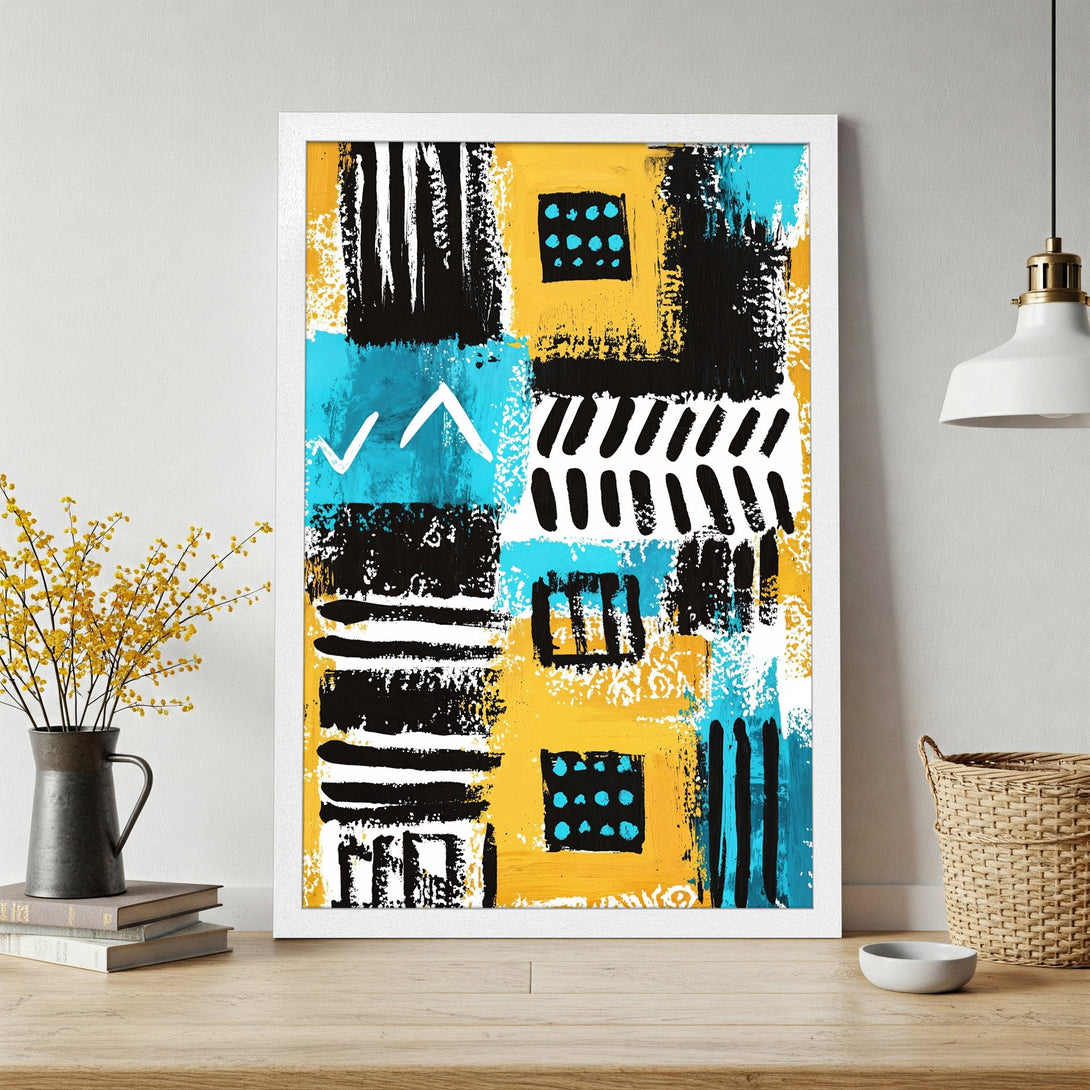 Framed Poster featuring abstract art in yellow, black, and turquoise. Modern, colorful design for home decor.