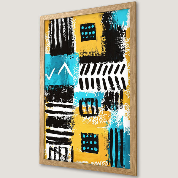 Framed Poster: Abstract art print with bold brushstrokes, vibrant yellow, teal, and black color palette. Perfect wall decor.