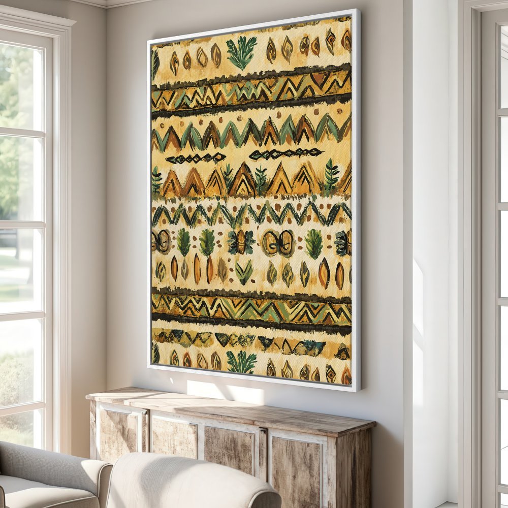 Framed Wall Art: Abstract tribal pattern in warm yellow, green, and brown tones. Perfect for adding a touch of bohemian style to your home.