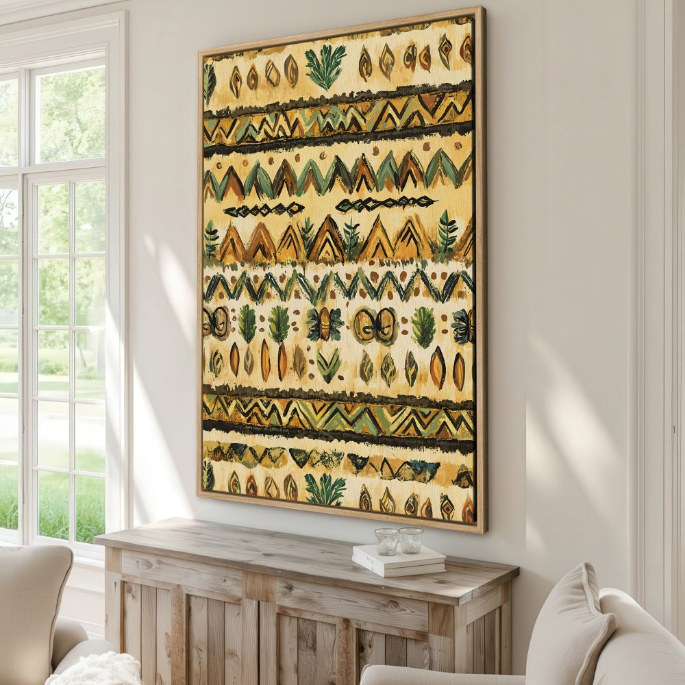 Framed Wall Art: Abstract tribal pattern Canvas Print in warm yellow, green, and brown tones. Perfect for adding a touch of bohemian style to your home decor.