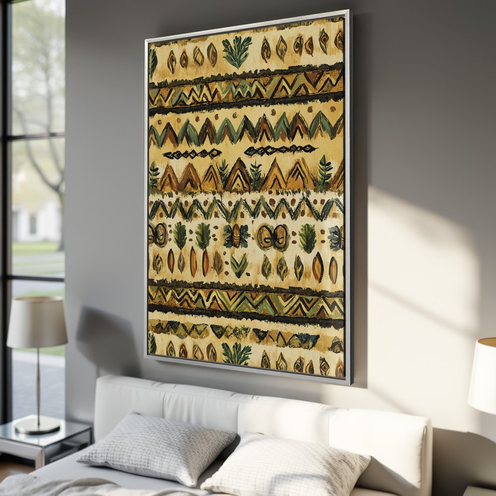 Framed Wall Art: Abstract tribal pattern in earthy tones of beige, green, and brown. Add a touch of bohemian style to your bedroom!