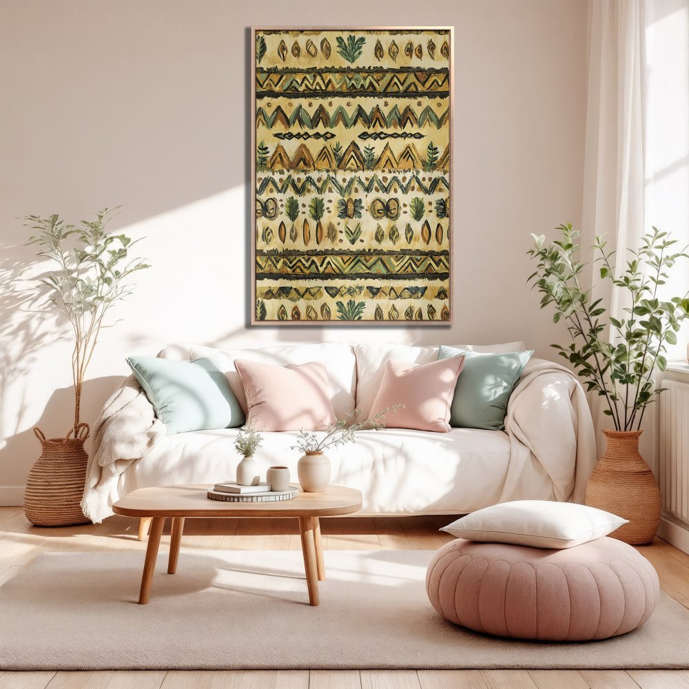 Framed Wall Art: Abstract tribal pattern in earthy tones. Elevate your space with this stylish canvas print. Neutral palette for a cozy living room.