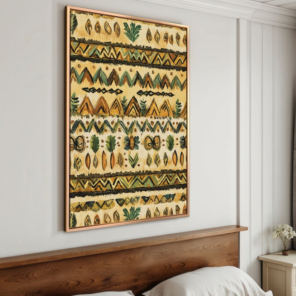 Framed Wall Art: Abstract tribal pattern in earth tones and green. Perfect for adding a touch of boho style to your bedroom. Shop now!