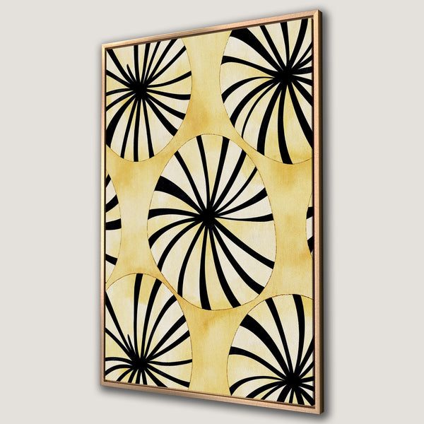 Framed Wall Art featuring a modern abstract design with black and white radial patterns on a yellow backdrop, perfect for stylish home decor.