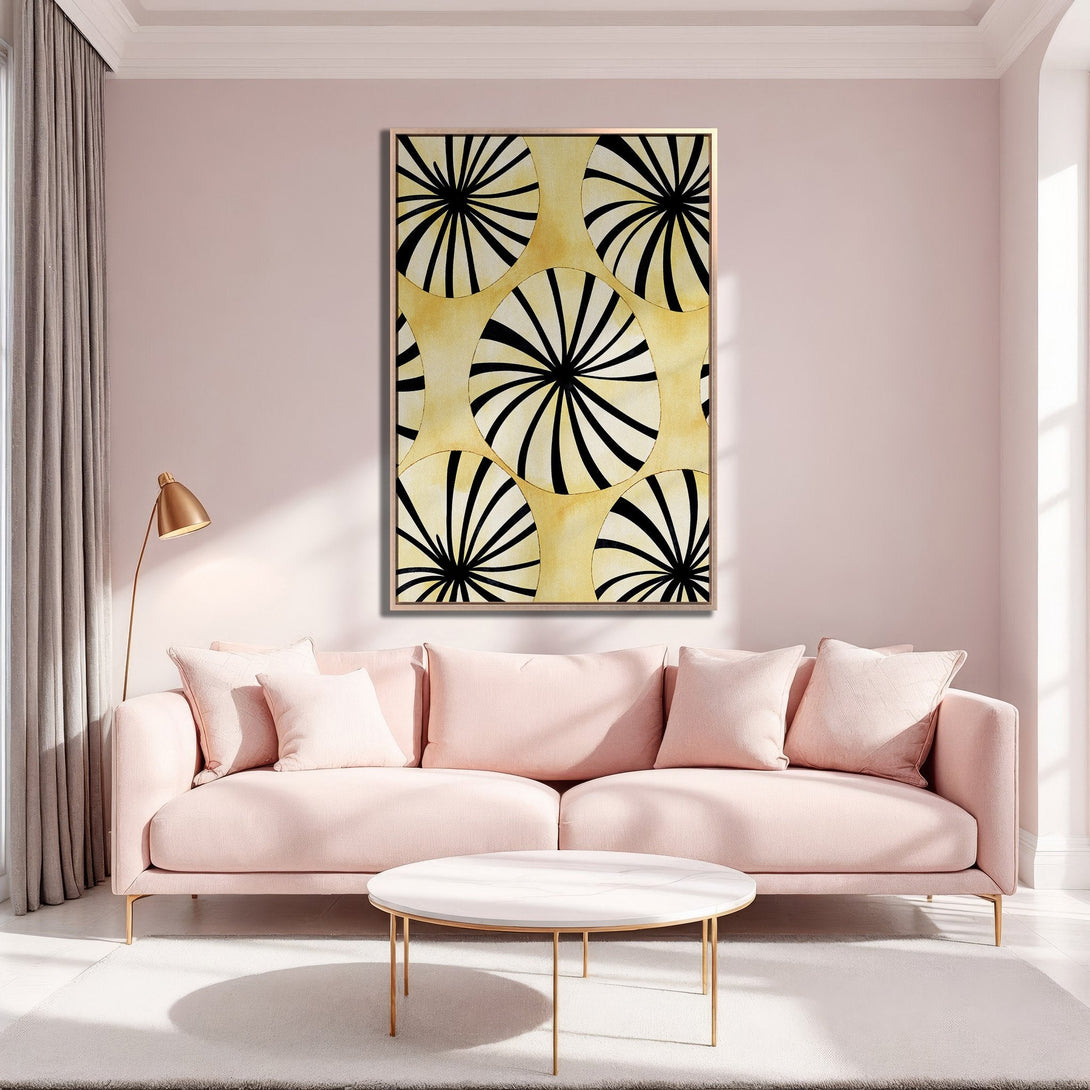 Framed Wall Art featuring abstract black and white circles on a yellow background. Modern art print in a blush pink and gold interior. Shop now!