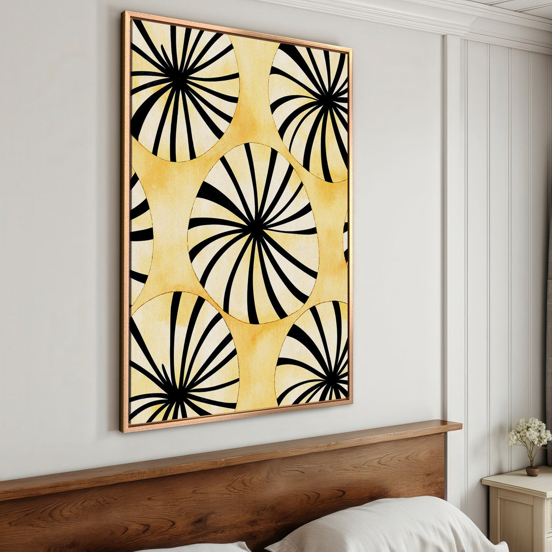Framed Wall Art: Geometric abstract art in yellow and black. Modern canvas print adds a pop of color to any bedroom. Shop now!