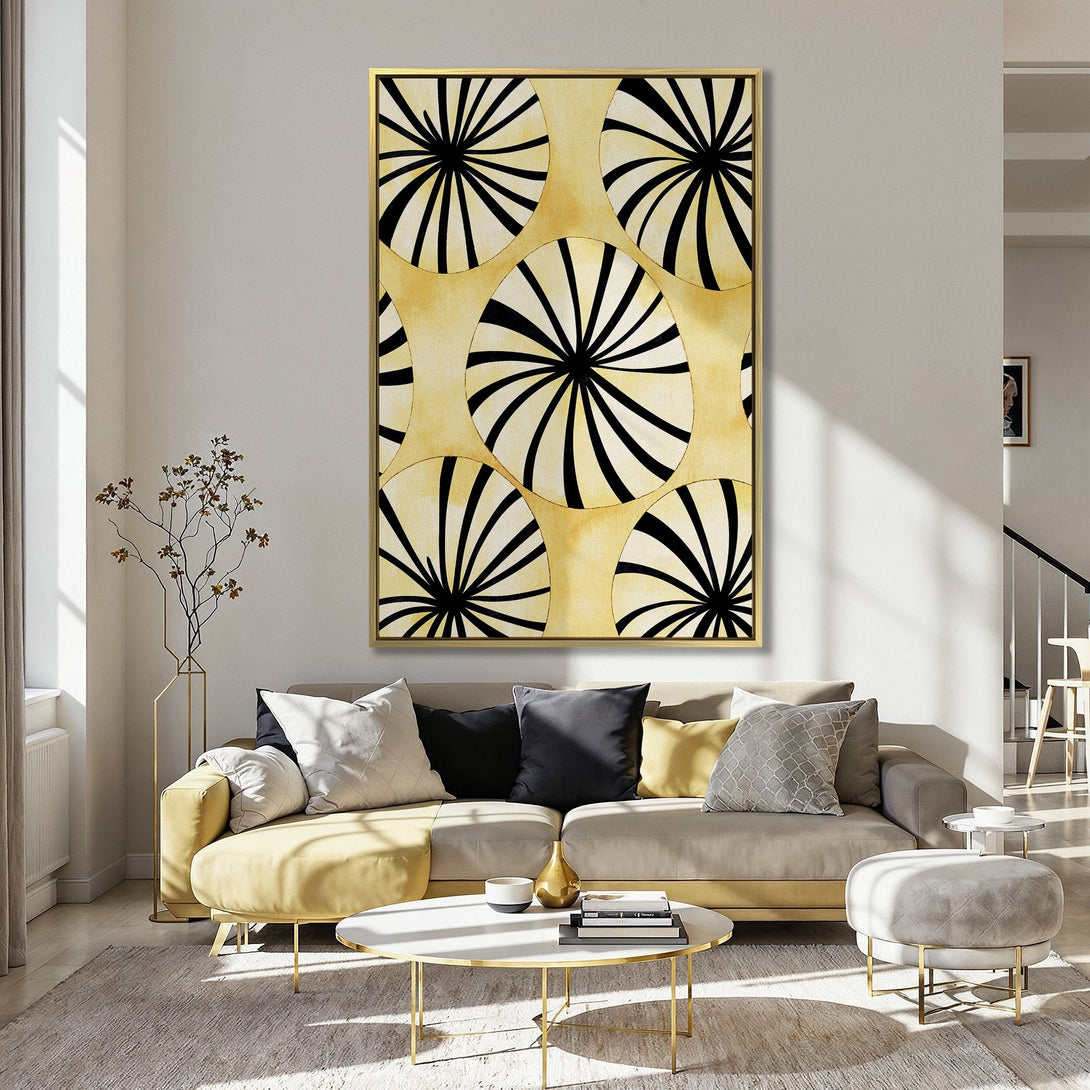Canvas Print featuring abstract black and white spiral design on a yellow background, displayed in a stylish kitchen with a pink wall.