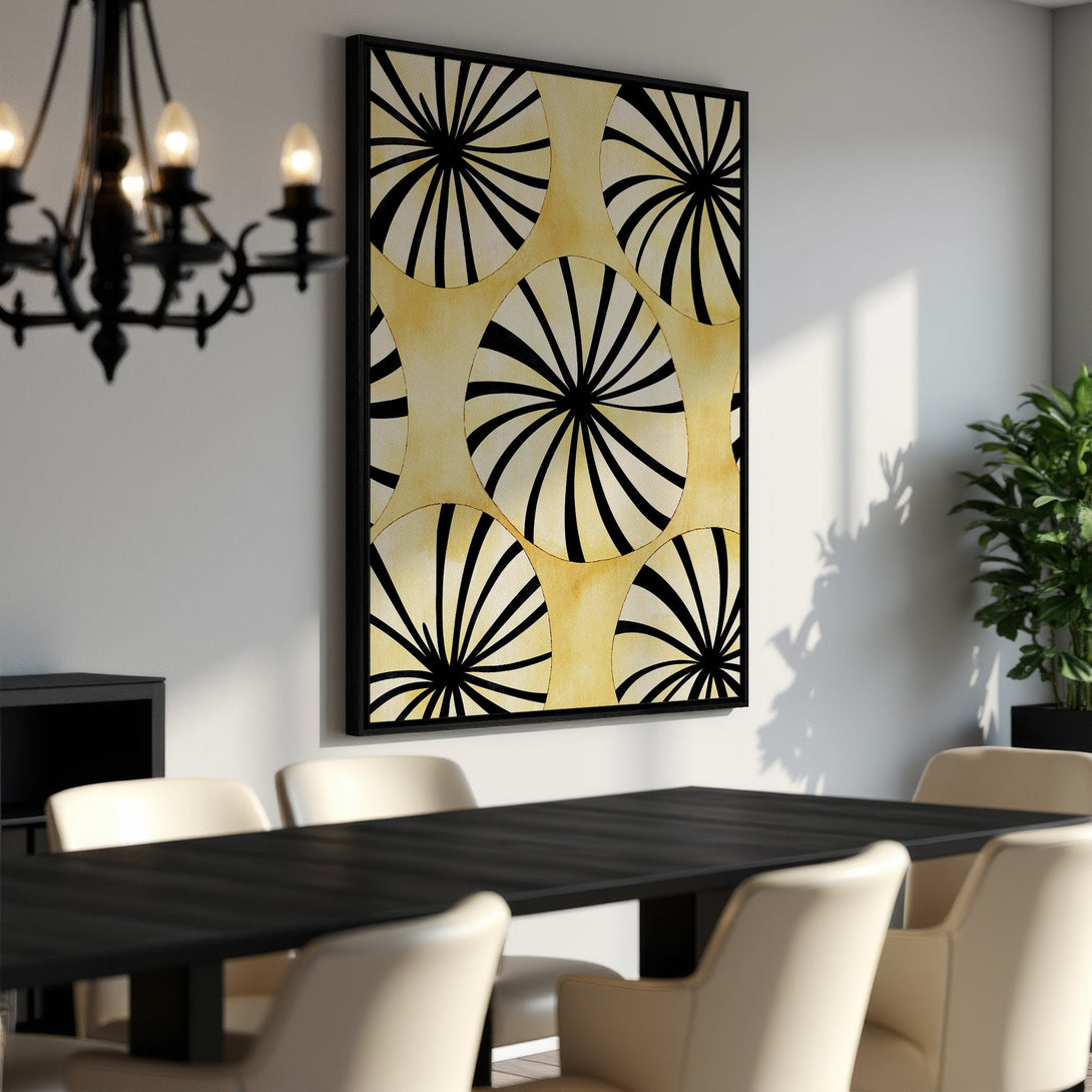 Framed Wall Art featuring a modern abstract design with black and white circular patterns on a yellow background, perfect for dining room decor.