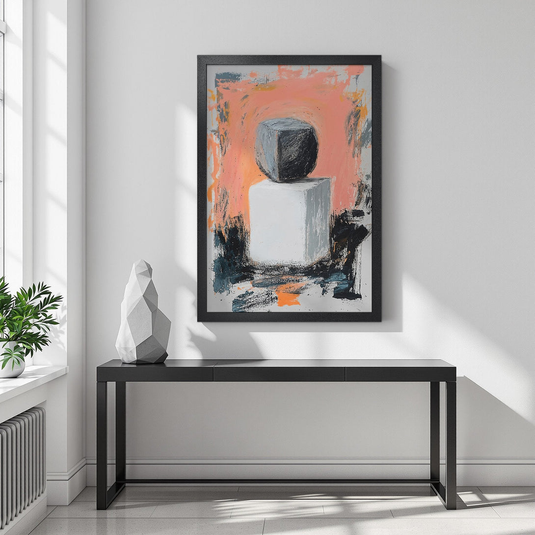 Framed Poster featuring abstract geometric art in a modern style with a coral, gray, and black color palette. Perfect for home decor.
