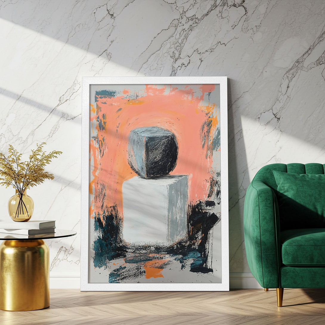 Framed Poster featuring abstract art with a modern style and a warm color palette of coral, gray, and teal.