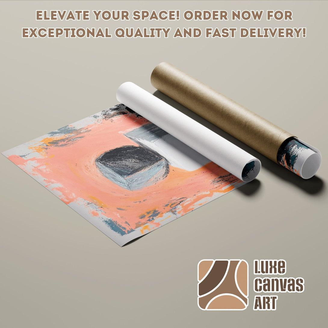 Abstract art Poster Roll in peach, gray, and black. Elevate your space with Luxe Canvas Art! Order now for fast delivery.