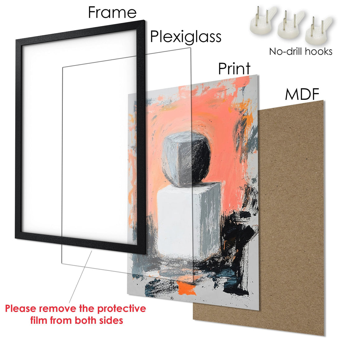 Framed Poster with abstract art in coral, gray, and black. Modern art print ready to hang.
