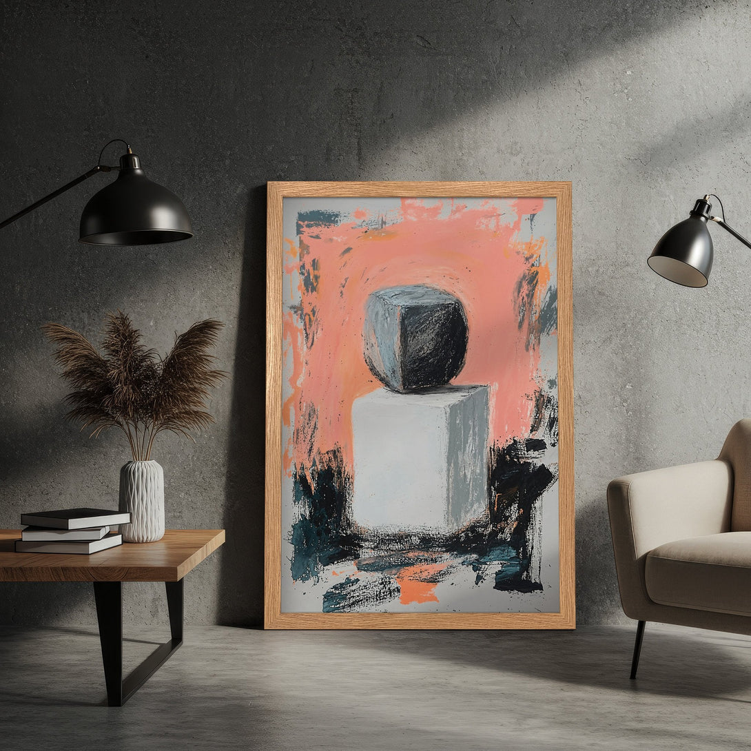 Framed Poster featuring abstract geometric art in a modern style with a coral, gray, and black color palette. Perfect wall decor!