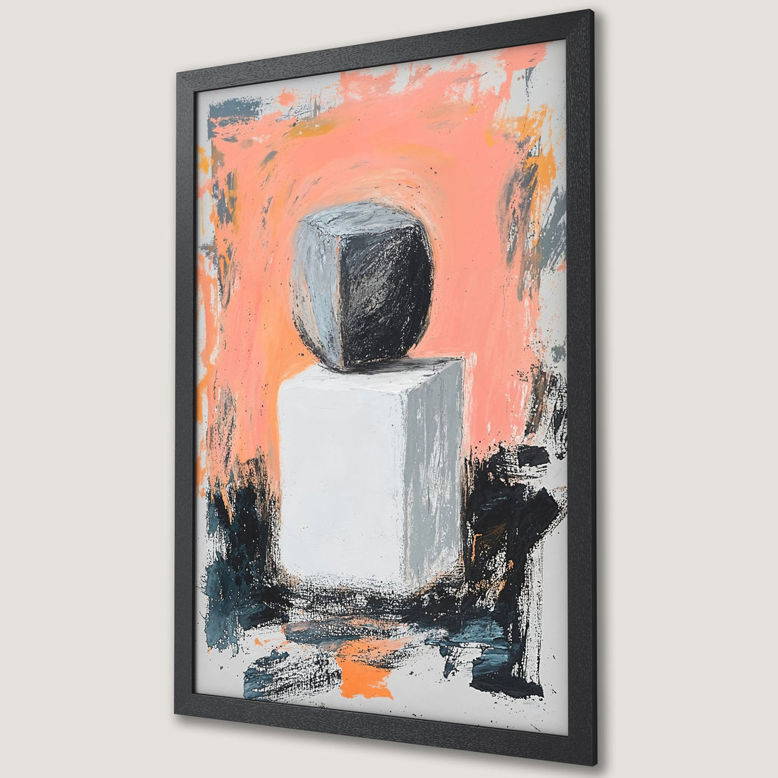 Framed Poster: Abstract art with geometric shapes, bold brushstrokes, and a coral, gray, and black color palette. Modern wall decor.