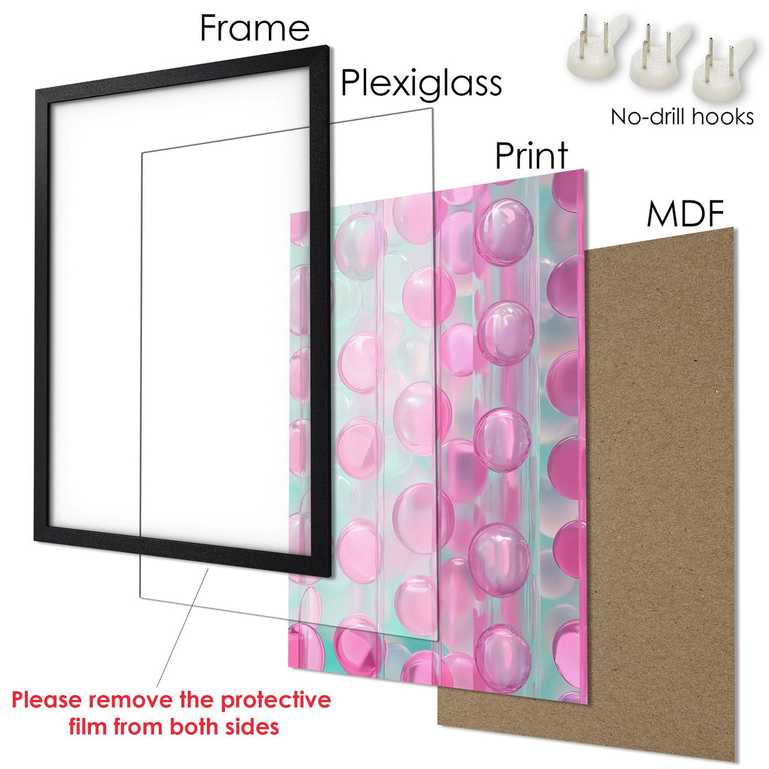 Framed Poster with pink bubble art. Modern decor in a black frame. Perfect wall art for your home!