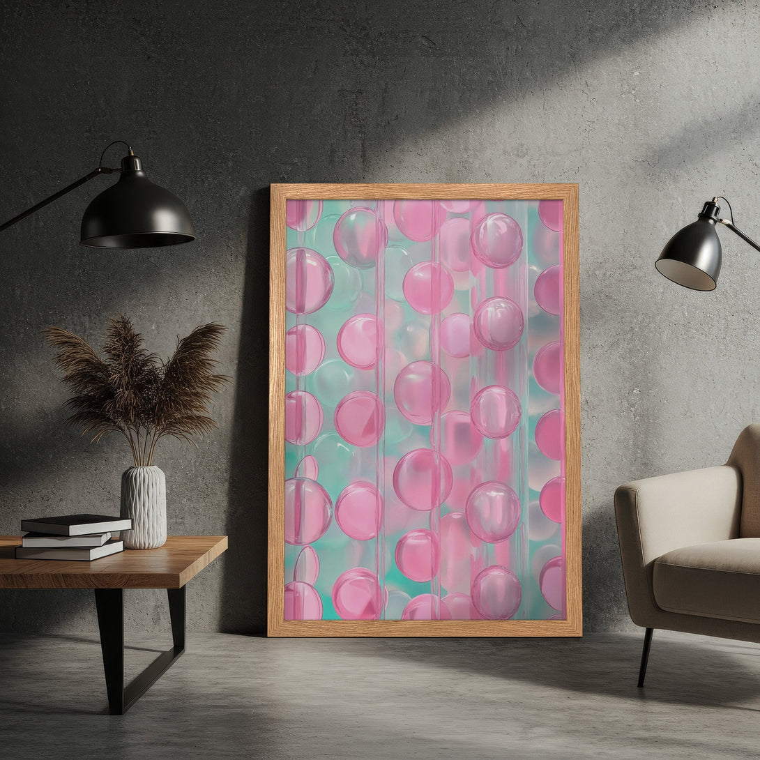 Framed Poster featuring abstract pink bubble art with a teal background. Modern style, pastel color palette. Perfect wall decor!
