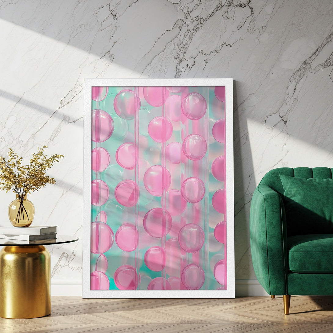 Framed Poster featuring abstract pink bubble design. Modern art print with a pastel color palette, perfect for home decor.