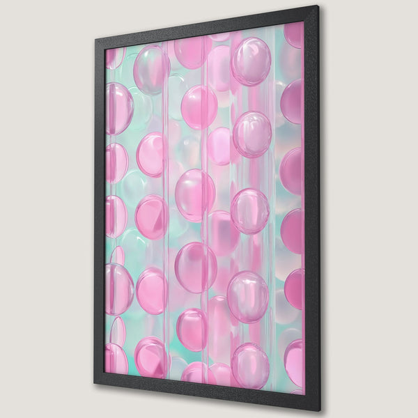Framed Poster featuring abstract pink bubble design on a pastel background. Modern art print in a black frame. Perfect wall decor.